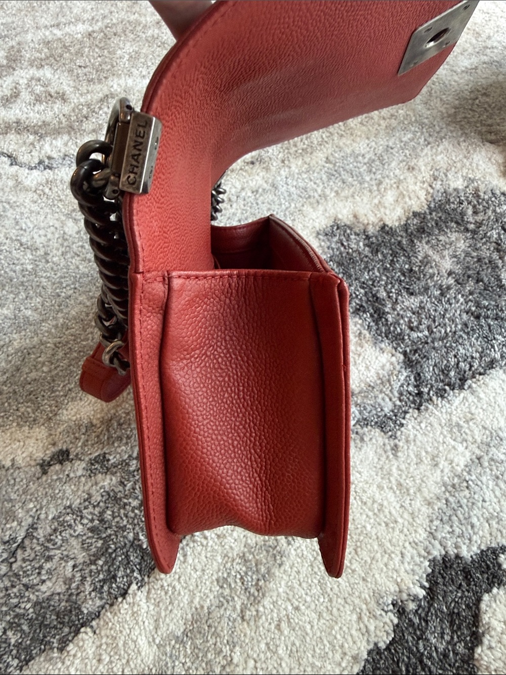 CHANEL Quilted Boy Flap Crossbody in Deep Red with Antique-Silver Hardware - Picture 13 of 16
